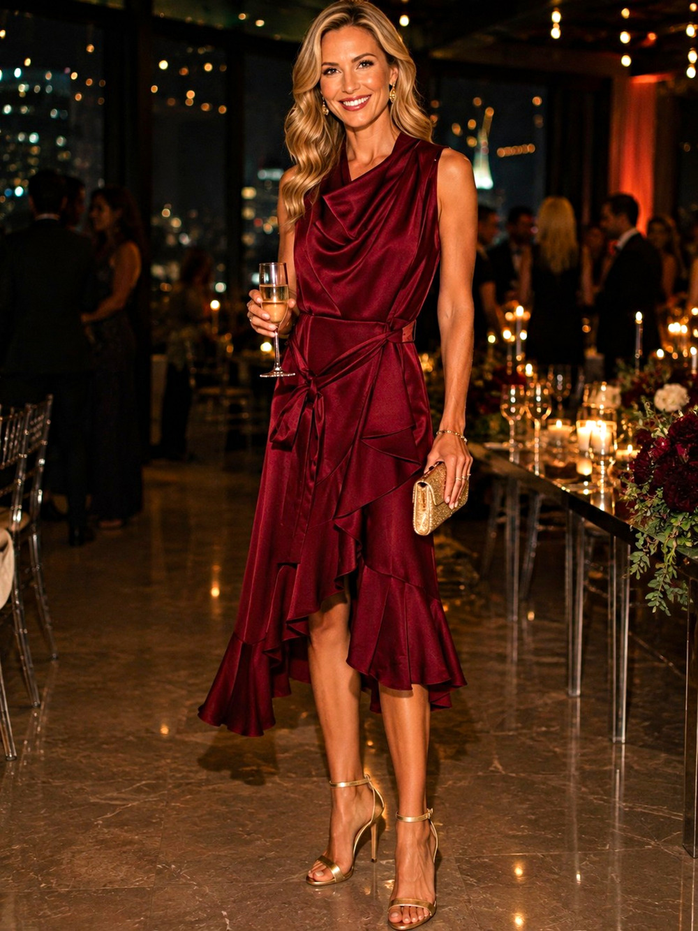 Alex Marie Burgundy Satin Cowl Neck Sleeveless Ruffle Asymmetric Midi 10